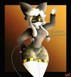 1girls artist_logo artist_signature black_shirt bow cargo_shorts cyn_(murder_drones) female female_only glitch_productions murder_drones repost robot robot_girl robot_humanoid samkvevo screen_face tail text thick_thighs white_hair white_text