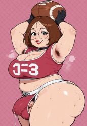 1futa ai_generated armpit_hair armpits arms_up brown_hair chubby cowboy_shot family_guy football football_(american) football_uniform full-package_futanari functionally_nude_futanari futa_only futanari glasses gloves jockstrap large_breasts large_penis lipstick looking_at_viewer meg_griffin musk penis_peek plump precum pubic_hair shortstack smell sweat sweaty testicles