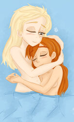 anna_(frozen) casual_nudity cuddling disney elsa_(frozen) female female_only frozen_(film) hair_down human in_bed nonsexual_nudity nude phuezo sisters snuggling wholesome