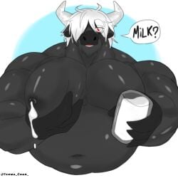 addicted_demon bara big_breasts big_pecs black_body bovid bovine bull cow furry male male/male male_only milac milk muscular muscular_male oc red_eyes self_upload white_hair