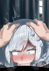 1boy absurdres akershus_fortress_(oshiro_project) bar_censor blue_eyes censored commentary_request deepthroat fellatio female grey_hair hands_on_another's_head highres irrumatio mizumizuni oral oshiro_project:re penis pov short_hair solo_focus straight sweat tears