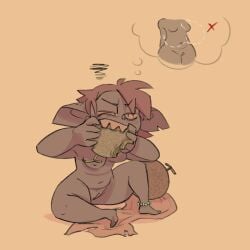 areola blueregardtwo breasts claws eating eating_food fangs female food freckles fruit genitals goblin hi_res humanoid long_ears lynn_(blueregardtwo) melon navel nipples not_furry notched_ear nude plant pussy sitting solo teeth thought_bubble