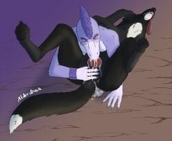 4_fingers aisling_(broodypaws) alder_(alderdrack) alderdrack animal_genitalia animal_penis anthro anthro_penetrated anus ball_fondling balls blush bodily_fluids canid canine canine_genitalia canine_penis canis cum cum_in_mouth cum_inside dipstick_tail duo eyewear female feral feral_penetrating fingers fondling genital_fluids genitals glasses hi_res hybrid knot lizard looking_pleasured lying male male/female mammal markings murid murine on_back oral oral_penetration paws penetration penis rat reptile rodent scalie tail tail_markings tongue tongue_out wolf zoophilia