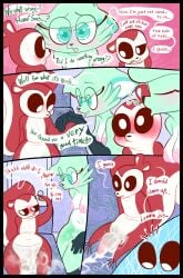 absurd_res anthro areola biped black_nose black_sclera blush breasts canid canine chikn_nuggit comic dialogue duo english_text erection female fox fur genitals green_body green_eyes green_fur hawt_saus_(chikn_nuggit) hi_res kaboozey male mammal multicolored_body multicolored_fur multicolored_tail nipples open_mouth penis red_body red_fur red_tail rodent sciurid slushi_(chikn_nuggit) speech_bubble tail text tree_squirrel white_body white_eyes white_fur white_tail