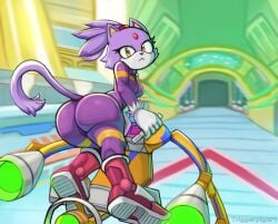 anthro ass blaze_the_cat clothed clothing domestic_cat felid feline felis female footwear fur hi_res looking_at_viewer looking_back looking_back_at_viewer mammal multicolored_body multicolored_fur purple_body purple_fur purple_hair sega shoes solo sonic_(series) sonic_riders sonic_the_hedgehog_(series) triggerpigart two_tone_body two_tone_fur white_body white_fur yellow_eyes