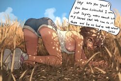 1girls accidental_exposure all_fours areolae bare_shoulders breasts brown_hair crawling english_text excited female female_only field highres jean_shorts kyoko_(madaotheory) legs looking_at_viewer looking_back looking_back_at_viewer loose_clothes madaotheory nipples no_bra on_ground open_mouth original panties panty_peek shimapan shoes shorts small_breasts smile solo striped_panties sweat t-shirt talking_to_viewer tan-skinned_female tan_body tan_skin text thighs tomboy wheat_field yellow_eyes