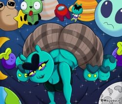 1girls alien_girl ass ass_bigger_than_head ass_focus bed big_ass big_breasts big_butt brawl_stars breasts bubble_ass bubble_butt commission eve_(brawl_stars) female forbidden_pants huge_ass huge_butt majusuco on_bed