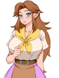 apron belt big_breasts blue_eyes breasts brown_hair busty farmgirl hand_on_breast hand_over_breast huge_breasts large_breasts light-skinned_female long_hair malon neckerchief ocarina_of_time purple_skirt shirt simmsy skirt the_legend_of_zelda thin_waist white_shirt wide_hips yellow_neckerchief