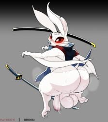 anthro ass backsack balls bat big_butt blush bodily_fluids claws flaccid fur genital_fluids genitals heismay_noctule hi_res huge_butt katana long_ears male mammal melee_weapon metaphor:_refantazio penis precum red_eyes satsui-n0-had0u solo sweat sword weapon white_body white_fur wings