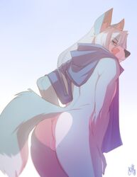 1boy anthro arctic_fox ass axel_winterveil balls bent_over blue_fur canine fox fur furry licking licking_lips looking_at_viewer looking_back male male_only mammal nude patto pinup pose red_eyes scarf solo tongue tongue_out