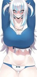 big_breasts blue_eyes blush doll_dol1 gawr_gura hololive hololive_english hololive_myth long_hair shark shark_girl sharp_teeth smile thick_legs thick_thighs thighs twintails underwear white_hair