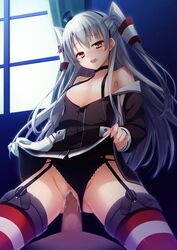 1boy amatsukaze_(kantai_collection) bare_shoulders black_panties blush brown_eyes censored choker cowgirl_position cum cum_in_pussy female garter_straps gloves highres kantai_collection long_hair looking_at_viewer mosaic_censoring open_mouth panties panties_aside personification school_uniform serafuku sex silver_hair solo_focus striped striped_legwear tears thighhighs underwear vaginal_penetration white_gloves yuzu_modoki