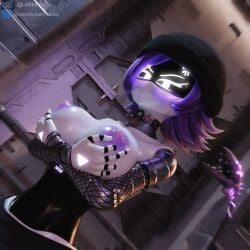 big_breasts big_thighs blush blush female female_only fit fit_female glowing glowing_eyes goth goth_girl looking_at_viewer murder_drones perky_breasts perky_nipples purple_hair robot robot_girl samtrix short_hair tagme topless topless_female underboob uzi_(murder_drones) white_eyes