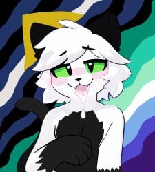 absurd_res anthro black_body black_ears black_fur black_fur_markings black_tail blizzardfur blizzardfur-maxxx blush bodily_fluids cum cum_in_mouth cum_inside cum_on_face domestic_cat eyelashes felid feline felis fur genital_fluids green_eyes hi_res lgbt_pride male mammal paws pride_colors raised_paw solo tail teeth_showing tongue tongue_out white_body white_fur
