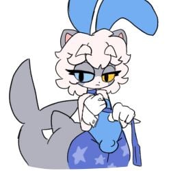2024 anthro bulge bunny_costume clothed clothing collar costume countershading crossdressing detailed_bulge digital_drawing_(artwork) digital_media_(artwork) domestic_cat eyelashes fake_ears fake_rabbit_ears felid feline felis femboy fish fur genital_outline gloves grey_body grey_fur hair handwear heterochromia hi_res holding_collar holding_object hybrid male mammal marine penis_outline pop_(popstick) popstick shark shark_tail simple_background solo star_pattern thick_thighs white_clothing white_gloves white_hair white_handwear