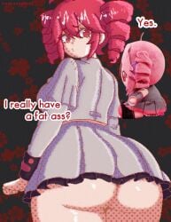 1girls ahoge ass ass_focus bare_ass big_ass big_breasts bottom_heavy breasts clothed clothed_female clothing crop_top curvaceous curvy curvy_female curvy_figure english_text fatass_teto_plush female female_only gluteal_fold huge_ass ineffective_skirt kaerganaderl kasane_teto kasane_teto_(sv) large_ass miniskirt no_panties pixel_art plushie red_eyes red_hair short_skirt simple_background skirt solo solo_female synthesizer_v text twin_drills twintails underass upskirt utau voluptuous voluptuous_female wide_hips