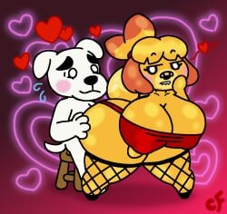 1boy 1girls ? animal_crossing anthro ass bitting_lip blonde_hair breasts canine canine canine_humanoid chaos-force cleavage female female_focus fishnet fishnet_legwear furry heart heart hips isabelle_(animal_crossing) k.k._slider large_ass large_breasts male male_focus nintendo question_mark seductive seductive_pose stool thick_thighs thighs white_fur wide_hips yellow_fur