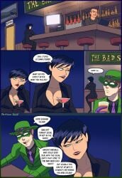 1boy 1girls 2022 artist_name artist_request batman_(series) big_breasts black_hair breasts catwoman comic comic_page costume dark_hair dc dc_comics dialogue english_text female green_eyes large_breasts leather light-skinned_female light-skinned_male light_skin male martini_glass riddler selina_kyle short_hair speech_bubble tagme_(artist) villain
