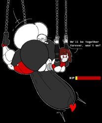 1boy 1girls belly_bulge big_ass bobcut brown_hair chains deep_penetration dialogue expressionless female frisk giant_penis heart_symbol hyper_penetration hyper_penis hyper_stomach_bulge male oc original_character penetration penis red_eyes restrained robot robot_girl sex size_difference stomach_bulge undertale varix