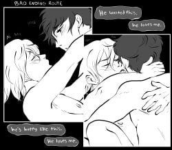 akira_kurusu anal_sex dubious_consent gay goro_akechi implied_penetration male missionary_position nipples no_visible_genitalia panting persona_5 persona_5_royal questionable_consent ren_amamiya skinny
