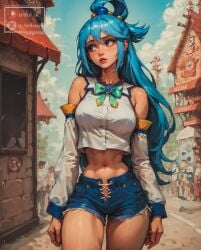 1girls ai_generated aisinful aqua_(konosuba) blue_hair breasts crop_top cute female female_only hi_res konosuba large_breasts long_hair medium_breasts ponytail shorts solo thick_thighs thighs wide_hips