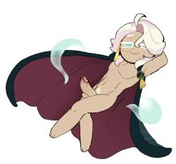 big_penis blank_background camellia_cookie cape cookie_run cookie_run_kingdom hand_behind_head holding_penis magpiered male penis posing pubic_hair smiling solo_male