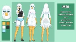 anthro avian bottomwear breasts claws clothing crop_top feathers female hi_res hotpants kizuko04 model_sheet nipples nude shirt shorts solo tank_top toe_claws topwear white_body white_feathers yellow_eyes