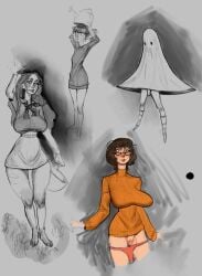 1boy 2024 2d 3girls barefoot basket blush breasts brown_hair clothed_female curvaceous curvy curvy_body curvy_female curvy_figure doodle dress extinctyellow eyelashes eyewear female flower freckles freckles_on_face ghost ghost_costume glasses grass hanna-barbera huge_breasts kneehighs long_hair male multiple_girls panties pants_down penile penis pussy red_panties scooby-doo short_hair stripes sweater thick_thighs thin_female tomboy vagina velma_dinkley very_short_hair wide_hips