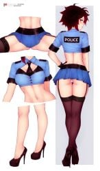 1girls 2d ass back_view bluefield crop_top duplicate female female_only garter_belt garter_straps high_heels looking_at_viewer looking_back miniskirt necktie pantyshot police police_uniform posing rear_view red_hair ruby_rose rwby skirt solo stockings
