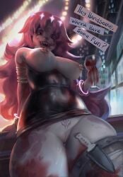 anthro axxxel bar blurred_background bodily_fluids breasts clothing dialogue dress english_text female genital_fluids genitals hair hi_res holster knife knife_holster lagomorph latex latex_clothing latex_dress legwear leporid mammal nipple_piercing nipples open_mouth piercing pink_hair pussy rabbit sharp_teeth solo teeth text thick_thighs thigh_highs vaginal_fluids wide_hips