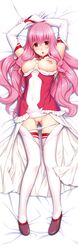 3ping_lovers!_ippu_nisai_no_sekai_e_youkoso :o alice_(3ping) alice_eruzan arms_up bed_sheet boots breasts breasts_out covered_navel dakimakura dress elbow_gloves female gloves ino long_hair lying nipples on_back panties panty_pull pink_eyes pink_hair pussy solo thigh_boots thighhighs underwear