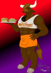 absurd_res anatomically_correct anthro bottomwear bovid bovine brown_body brown_eyes brown_hair bulge burger cattle clothing dragon_in_the_dark european_mythology food greek_mythology hair hair_over_eye heca_wyldhorn hi_res highland_cattle himbo holding_food holding_object hooves horn male mammal meme meme_clothing minotaur muscular muscular_anthro muscular_male mythology shirt shorts smile solo tail tank_top topwear waiter