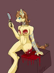 amputation amputee bandage blood blue_eyes bone breasts brown_hair button's_mom cleaver cream_heart_(mlp) dusty_(artist) ear_piercing female friendship_is_magic fur gore guro hair my_little_pony nipples piercing pussy pussy_juice self_mutilation solo wounded yellow_fur