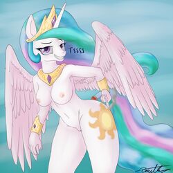 2014 absurdres alicorn anthro anthrofied armpits ass breasts clenched_teeth crown english_text equine eyelashes feathers female friendship_is_magic furry half-closed_eyes hand_on_ass happy headgear highres horn horse long_hair looking_at_viewer mammal multicolored_hair my_little_pony navel nipples nude pegasus princess princess_celestia_(mlp) purple_eyes pussy royalty smile smoke solo teeth text unicorn wings xanthordragon