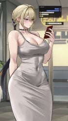 absurdres black_choker black_nails blonde_hair blush breasts cellphone choker cluhob covered_navel dongtan_dress dress english_text evelyn_chevalier female grey_dress highres holding holding_phone large_breasts meme_attire mole mole_on_breast mole_under_eye phone purple_eyes skin_tight sleeveless sleeveless_dress smartphone solo text_messaging tight_clothes tight_dress zenless_zone_zero