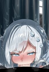 1boy absurdres akershus_fortress_(oshiro_project) bar_censor blue_eyes censored commentary_request deepthroat fellatio female grey_hair heart heart-shaped_pupils highres looking_at_viewer mizumizuni oral oshiro_project:re penis pov short_hair solo_focus straight sweat symbol-shaped_pupils tears