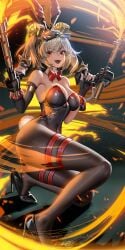 :d alternate_costume animal_ears bare_shoulders black_gloves black_leotard blonde_hair bow bowtie breasts brown_pantyhose burnice_white dual_wielding eyewear_on_head female fingerless_gloves fire flamethrower full_body gloves high_heels highres holding holding_flamethrower holding_weapon large_breasts leotard liang_xing open_mouth pantyhose playboy_bunny rabbit_ears rabbit_tail red_bow red_bowtie red_eyes short_twintails smile solo sunglasses tail teeth thigh_strap thighs twintails upper_teeth_only weapon zenless_zone_zero