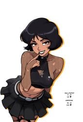 1girls 2025 alex_(totally_spies) arm_behind_back bangs belly belt belt_buckle big_breasts black_hair black_lipstick black_nails black_skirt breasts brown_body brown_eyes chain_belt cleavage cleavage_cutout clothed clothing crop_top dark-skinned_female dark_skin eyebrow_piercing eyebrows_visible_through_hair eyelashes female female_focus female_only finger_to_mouth fishnets goth goth_girl grin hair half-closed_eyes hi_res highres large_breasts lipstick long_sleeves looking_at_viewer mascara midriff mole mole_under_eye nail_polish navel necklace oerba_yun_fang piercing redpostit ripped_clothing ripped_pantyhose shoulder_length_hair simple_background skindentation skirt smile solo solo_female solo_focus standing tank_top teeth thick_thighs thighs totally_spies waist_chain white_background