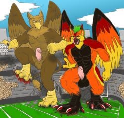 4_toes 5_fingers abs anthro avian balls beak blood blood_on_claws bodily_fluids building building_destruction carpo city claws colored crush destruction duo erection extreme_size_difference feathered_wings feathers feet finger_claws fingers foot_crush genitals gore gryphon humanoid_genitalia humanoid_penis macro macro_anthro macro_male male muscular muscular_anthro muscular_male mythological_avian mythological_creature mythology nude outside pawpads paws pecs penile penis pyronite(commissioner) rampage size_difference smile stadium stepped_on stomped stomping tail teaselbone toe_claws toes wings zulu