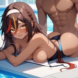 1boy ai_generated big_ass big_breasts dark-skinned_female dark-skinned_male doggy_style female genshin_impact happy happy_sex hoyoverse pool sex sexy smile smiling strong_male swimsuit swimsuit_removed xinyan_(genshin_impact)