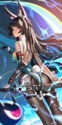 alternate_costume animal_ear_fluff animal_ears ass black_hair blunt_bangs closed_mouth cowboy_shot female fox_ears fox_girl from_behind gauntlets highres holding holding_sword holding_weapon hollow_(zenless_zone_zero) hoshimi_miyabi leotard liang_xing long_hair looking_at_viewer playboy_bunny rabbit_tail red_eyes sidelocks solo standing sword tail tailless_(zenless_zone_zero) weapon zenless_zone_zero