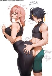 1boy 1girls 2d 2d_(artwork) ai_assisted ai_generated artist_name asaba_harumasa ass ass_grab breasts digital_drawing_(artwork) english_text erotic_nansensu female female_focus from_behind large_ass large_breasts leggings light-skinned_female light_skin looking_at_another looking_back male patreon_username sex standing_doggy_style standing_sex thick_thighs thighs torn_clothes tsukishiro_yanagi watermark wide_hips yoga_pants zenless_zone_zero