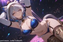 ai_generated armpit arms_up big_breasts bikini blue_eyes breast cat_ears cat_tail cipher_(honkai:_star_rail) female gloves gold_heels grey_hair heels honkai:_star_rail hood hoyoverse luka45 mihoyo necklace patreon patreon_reward patreon_url patreon_username smile smiling_at_viewer stockings_thigh_highs thick_legs thick_thighs thighs wet wet_body