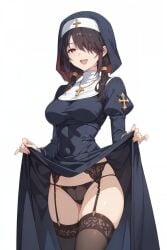 1girls ai_generated date_a_live dress_lift female garter_belt garter_straps nun nun_outfit panties solo stockings tokisaki_kurumi