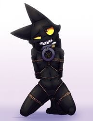 andromorph anthro arms_tied black_body black_fur bondage bound collar cuntboy demon domestic_cat felid feline felis fur genitals hands_behind_back hi_res hybrid intersex kneeling legs_tied mammal mitski_(soniethedog) nipples nonbinary_(lore) purple_background pussy restrained restraints rope rope_bondage rope_harness simple_background solo soniethedog submissive white_background