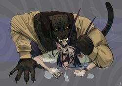 5_fingers anthro claws clothing digital_drawing_(artwork) digital_media_(artwork) duo fangs felid finger_claws fingers hair hi_res male male/male mammal nipple_piercing nipple_ring nipples pantherine piercing ring_piercing sex shirt size_difference tail teeth tongue topwear twistedteeth