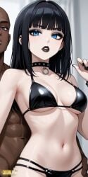 ai_generated bangs black_eyeshadow black_hair black_lipstick black_nails blue_eyes choker dark-skinned_male eyeshadow goth goth_girl gothic interracial latex_bikini looking_at_viewer medium_breasts pale-skinned_female seductive_look young_woman