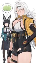 2girls ahoge animal_ears aqua_jacket belt black_eyes black_hair black_necktie black_shorts black_skirt blunt_bangs blunt_sidelocks breast_envy breasts brown_belt commentary crossed_arms english_commentary female food fox_ears fox_girl fruit hair_ornament hairclip high-waist_shorts highres hime_cut hoshimi_miyabi jacket jitome jourd4n large_breasts long_hair looking_at_another looking_to_the_side melon mole mole_on_breast multiple_girls necktie open_clothes open_jacket pantyhose pleated_skirt shirt shorts simple_background skirt speech_bubble thigh_strap thighs thought_bubble very_long_hair white_background white_hair white_shirt yellow_eyes yellow_jacket yi_xuan zenless_zone_zero