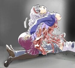 1boy breasts censored cowgirl_position female hairband idolmaster imminent_eating large_breasts long_hair monster mosaic_censoring nipples pantyhose parody penis purple_bonus purple_eyes shijou_takane silver_hair skirt solo_focus tentacle tentaclejob the_thing the_thing_(organism)