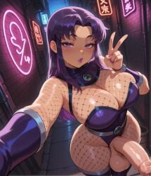 ai_generated blackfire blackfire_(comics) bodysuit busty civitai cleavage cleavage_cutout curvy curvy_figure dc_comics dc_super_hero_girls dickgirl dickgirl_only fishnets futa_only futanari hi_res highres kissing_lips leotard lips lipstick looking_at_viewer looking_pleasured parted_bangs patreon peace_sign plump_lips puckered_lips purple_eyes purple_hair self_upload selfie selfie_pose stable_diffusion yuckle